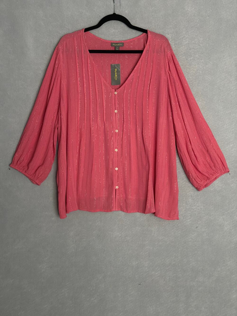 Style & Co. V-Neck Top Button Front Puff Sleeve Coral Pink Women's 3X NEW